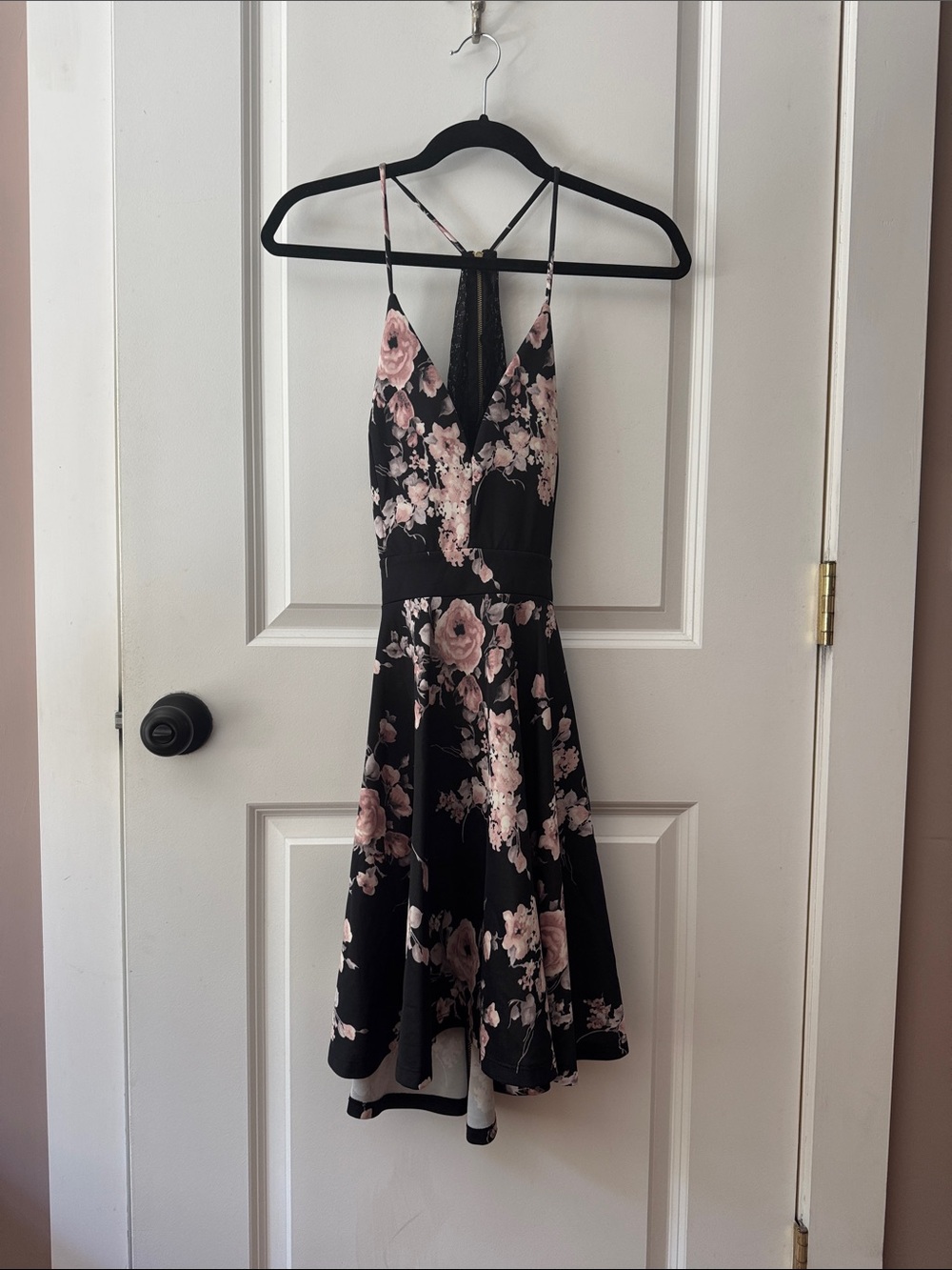 Black Floral Spaghetti Strap Mini Dress - Rose Print
